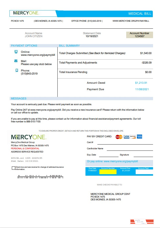 USA Iowa MercyOne medical bill template in Word and PDF format
